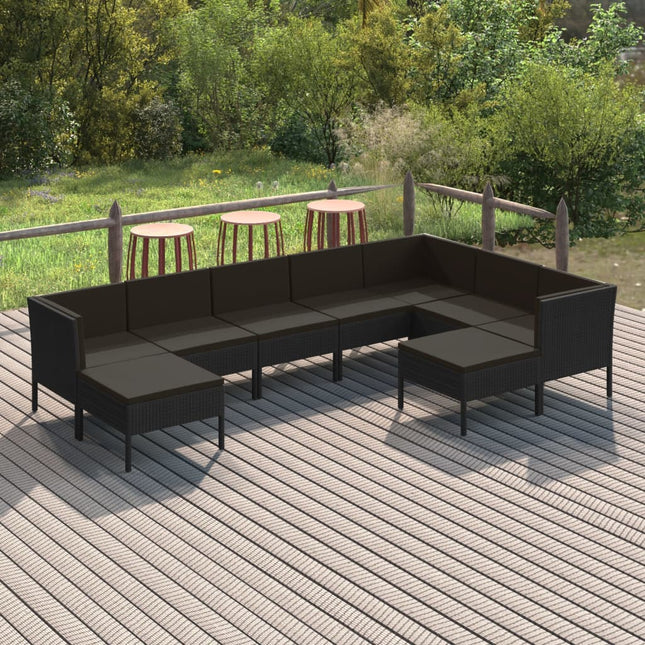 9-Delige Loungeset Met Kussens Poly Rattan Zwart 3x hoek + 4x midden + 2x voetensteun