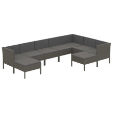 9-Delige Loungeset Met Kussens Poly Rattan Grijs 3x hoek + 4x midden + 2x voetensteun