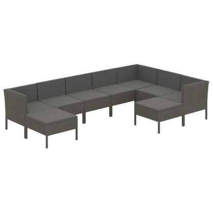 9-Delige Loungeset Met Kussens Poly Rattan Grijs 3x hoek + 4x midden + 2x voetensteun