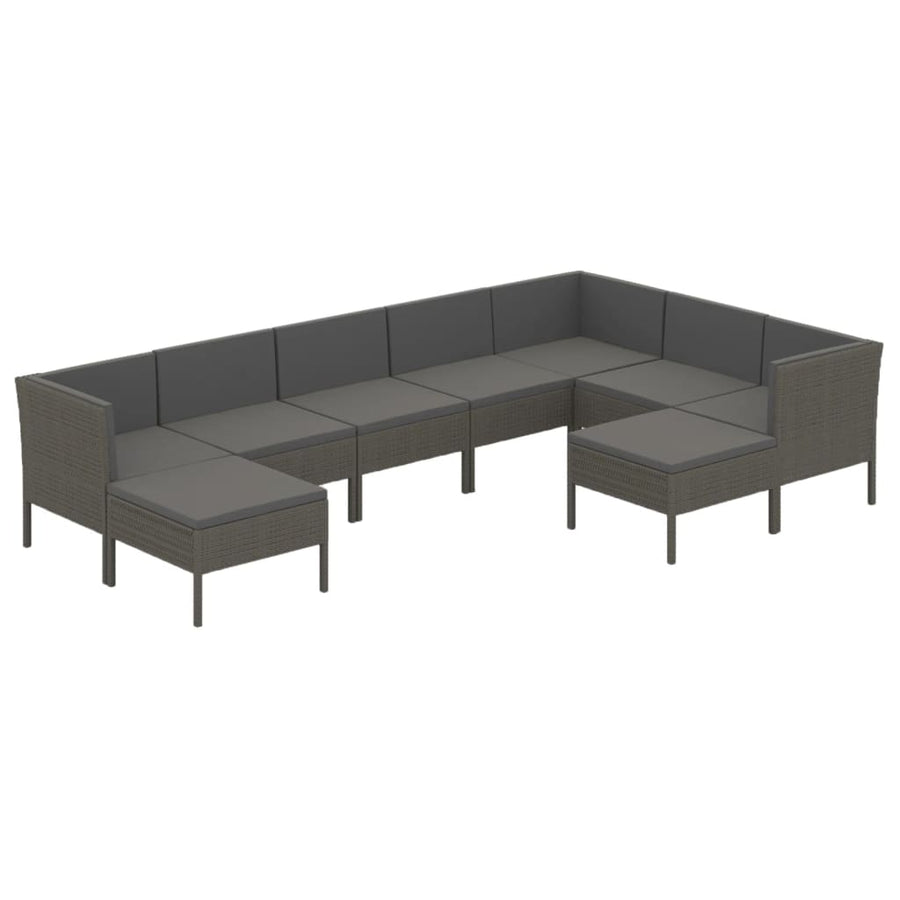 9-Delige Loungeset Met Kussens Poly Rattan Grijs 3x hoek + 4x midden + 2x voetensteun