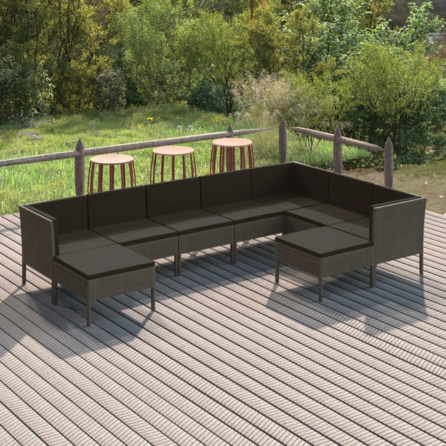 9-Delige Loungeset Met Kussens Poly Rattan Grijs 3x hoek + 4x midden + 2x voetensteun