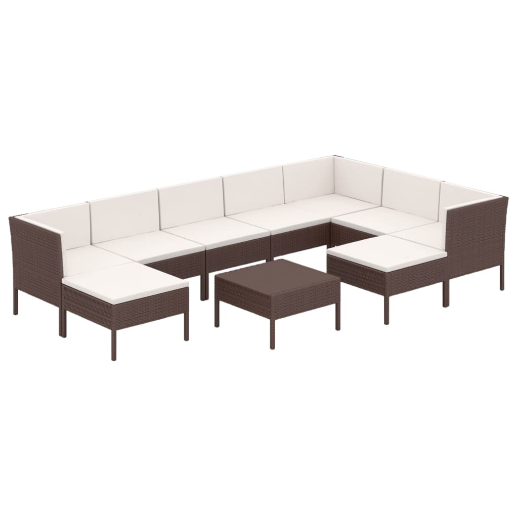 0-Delige Loungeset Met Kussens Poly Rattan Bruin 3x hoek + 4x midden + 2x voetensteun + Tafel