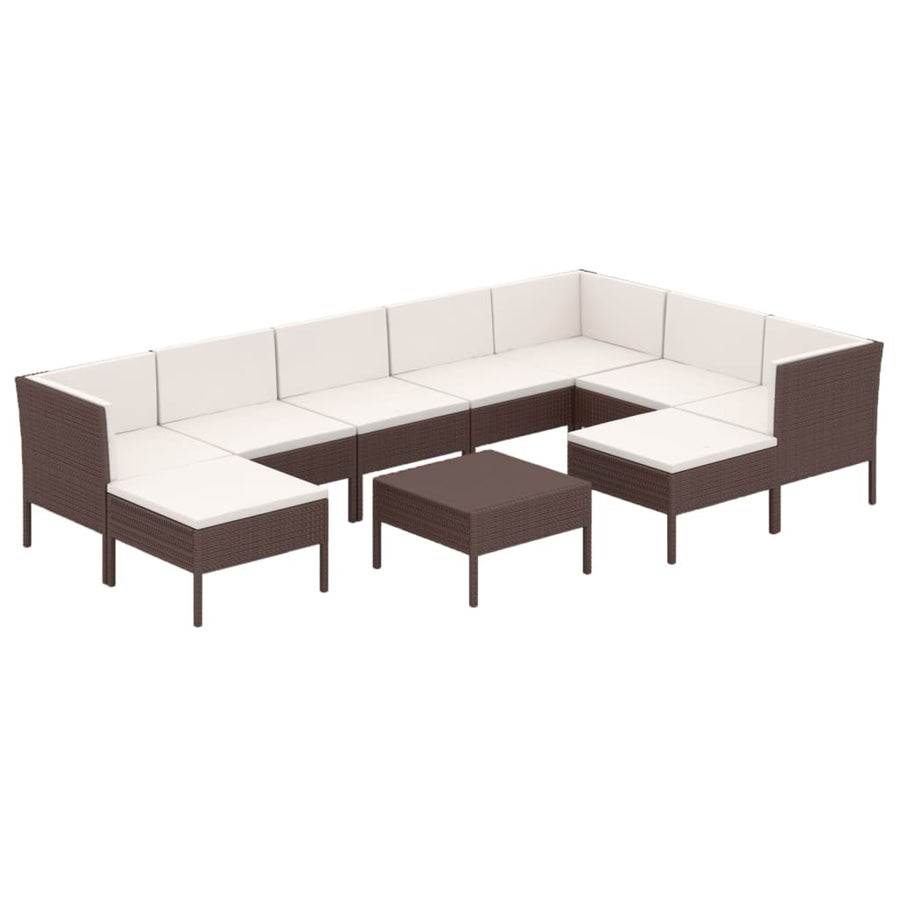 0-Delige Loungeset Met Kussens Poly Rattan Bruin 3x hoek + 4x midden + 2x voetensteun + Tafel
