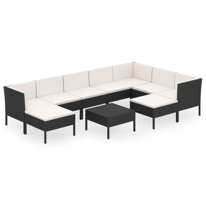 10-delige Loungeset met kussens poly rattan zwart