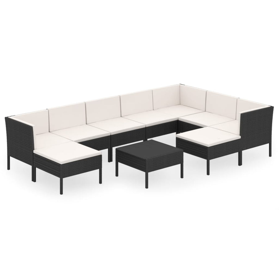 10-delige Loungeset met kussens poly rattan zwart