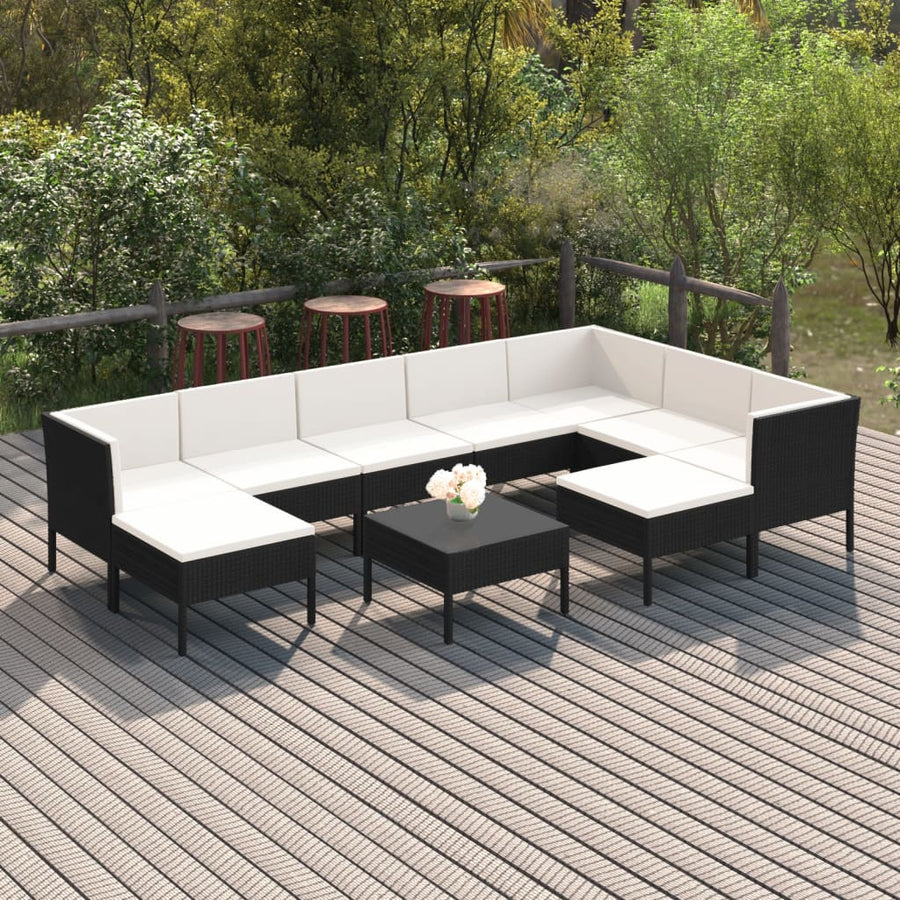 10-delige Loungeset met kussens poly rattan zwart
