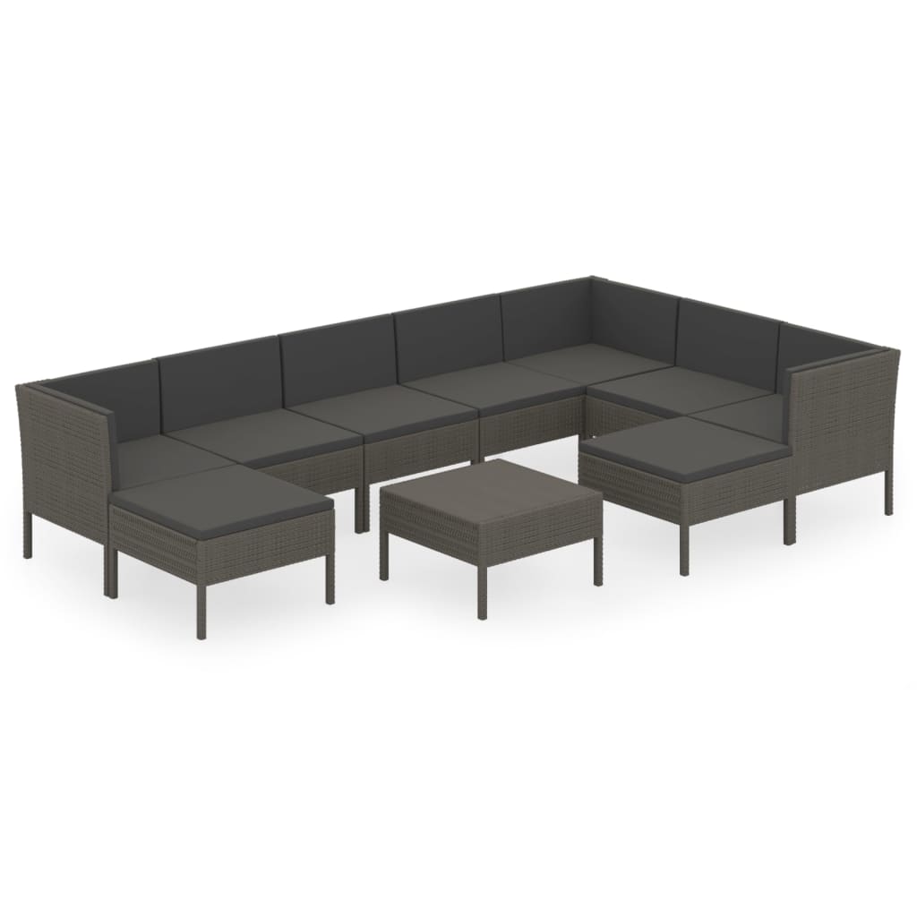 0-Delige Loungeset Met Kussens Poly Rattan Grijs 3x hoek + 4x midden + 2x voetensteun + Tafel