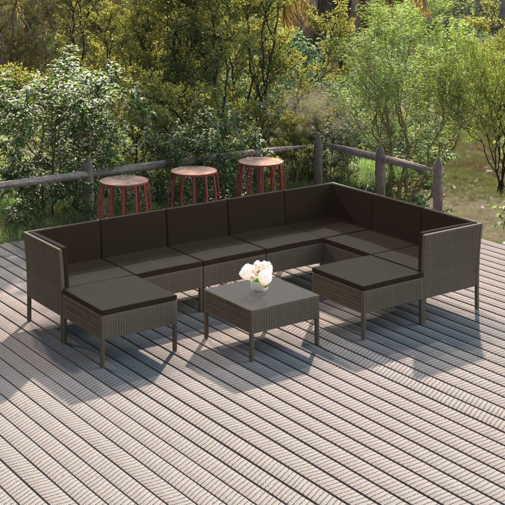 0-Delige Loungeset Met Kussens Poly Rattan Grijs 3x hoek + 4x midden + 2x voetensteun + Tafel