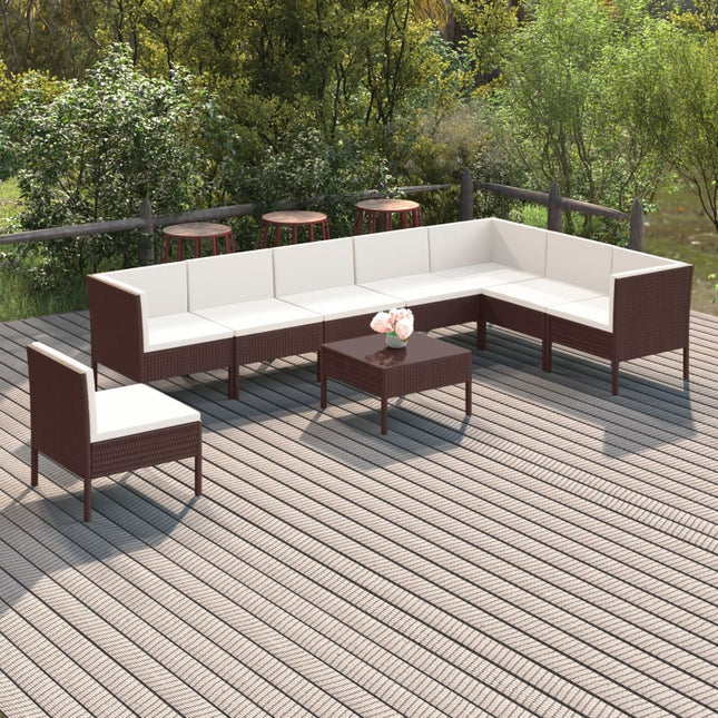 9-Delige Loungeset Met Kussens Poly Rattan Bruin 3x hoek + 5x midden + Tafel