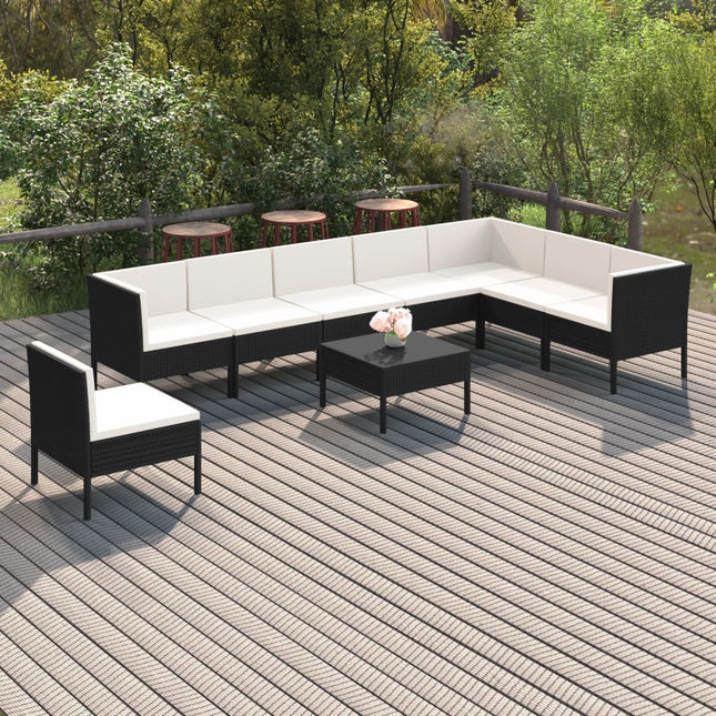 9-Delige Loungeset Met Kussens Poly Rattan Zwart 3x hoek + 5x midden + Tafel