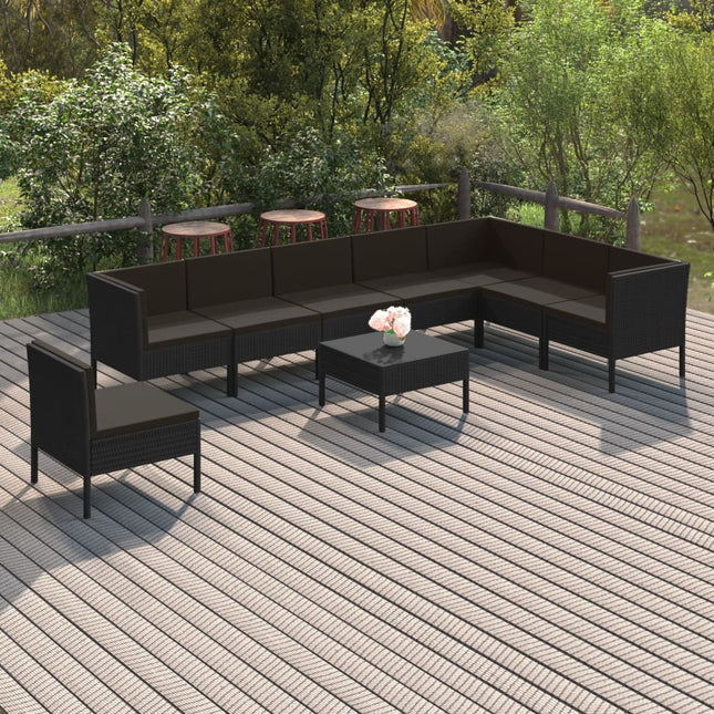 9-Delige Loungeset Met Kussens Poly Rattan Zwart 3x hoek + 5x midden + Tafel