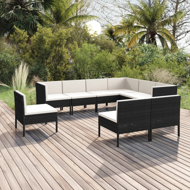 9-Delige Loungeset Met Kussens Poly Rattan Zwart 3x hoek + 6x midden