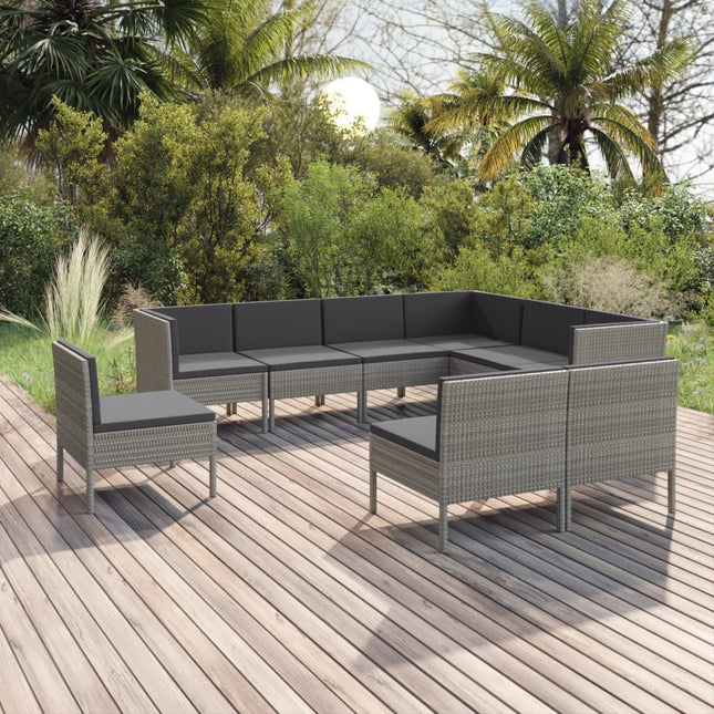 9-Delige Loungeset Met Kussens Poly Rattan Grijs 3x hoek + 6x midden