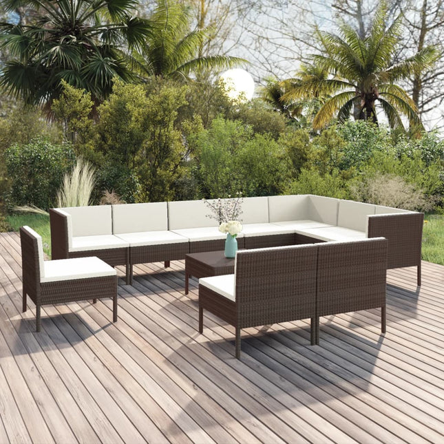 -Delige Loungeset Met Kussens Poly Rattan Bruin 3x hoek + 7x midden + Tafel