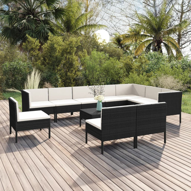 -Delige Loungeset Met Kussens Poly Rattan Zwart 3x hoek + 7x midden + Tafel