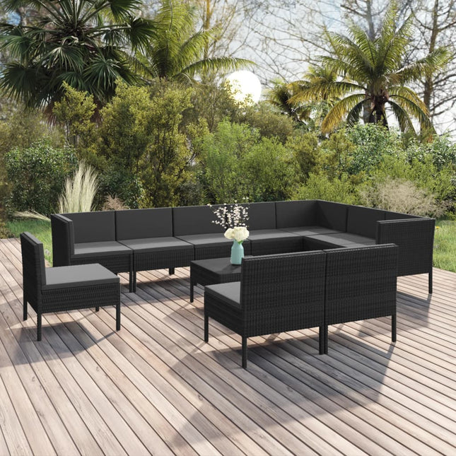 -Delige Loungeset Met Kussens Poly Rattan Zwart 3x hoek + 7x midden + Tafel