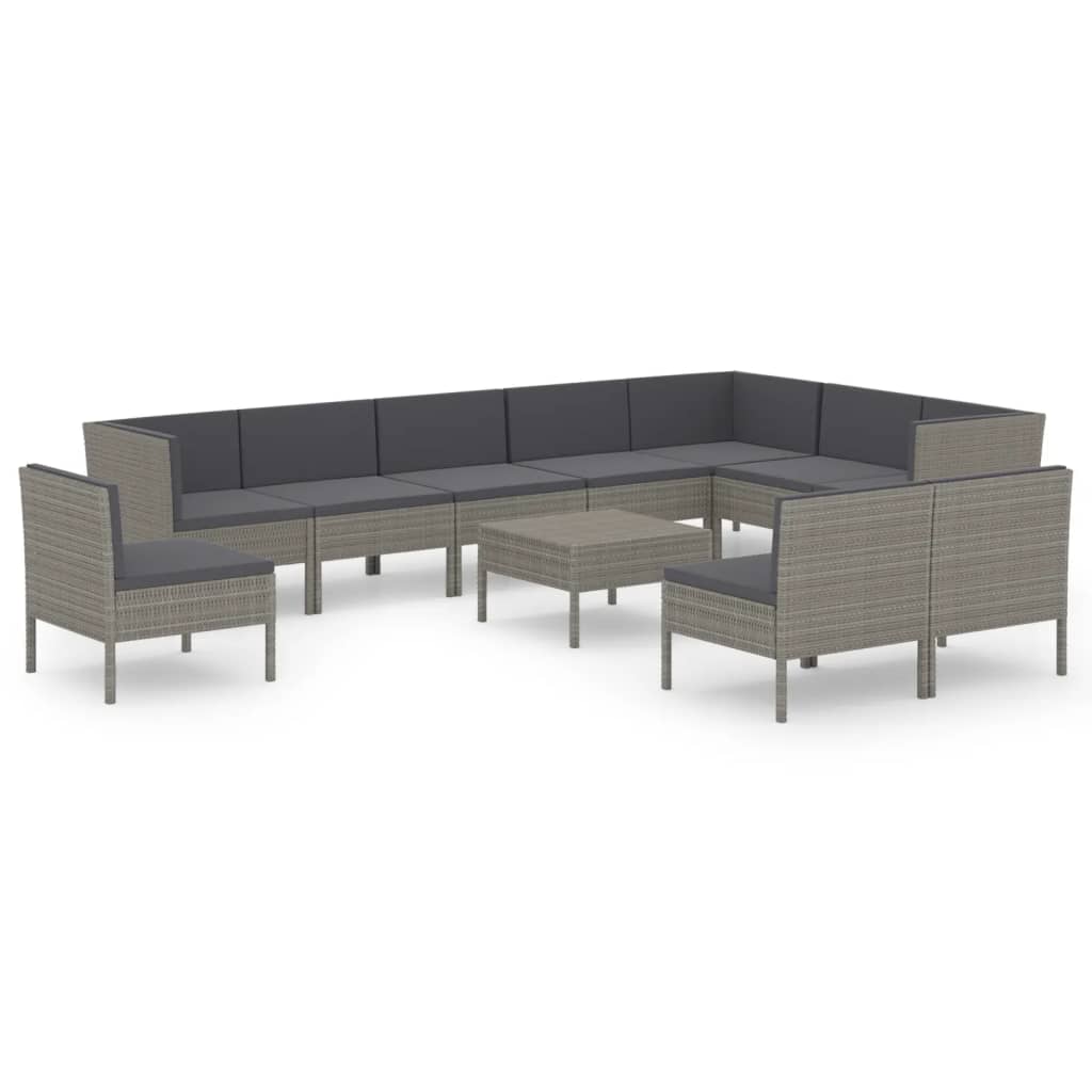 -Delige Loungeset Met Kussens Poly Rattan Grijs 3x hoek + 7x midden + Tafel