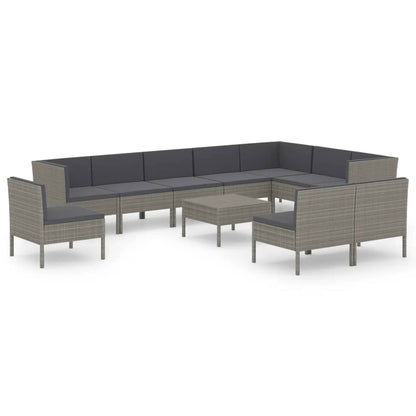 -Delige Loungeset Met Kussens Poly Rattan Grijs 3x hoek + 7x midden + Tafel
