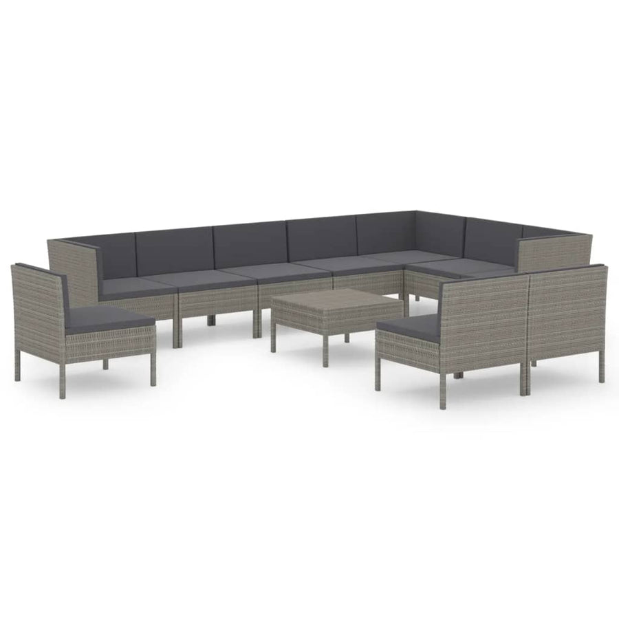-Delige Loungeset Met Kussens Poly Rattan Grijs 3x hoek + 7x midden + Tafel