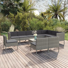 -Delige Loungeset Met Kussens Poly Rattan Grijs 3x hoek + 7x midden + Tafel