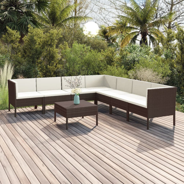 8-Delige Loungeset Met Kussens Poly Rattan Bruin 3x hoek + 4x midden + Tafel