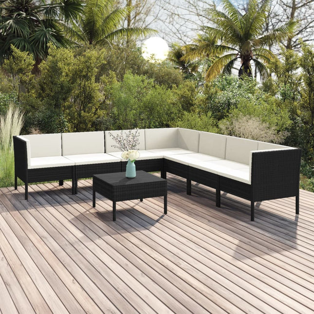 8-Delige Loungeset Met Kussens Poly Rattan Zwart 3x hoek + 4x midden + Tafel