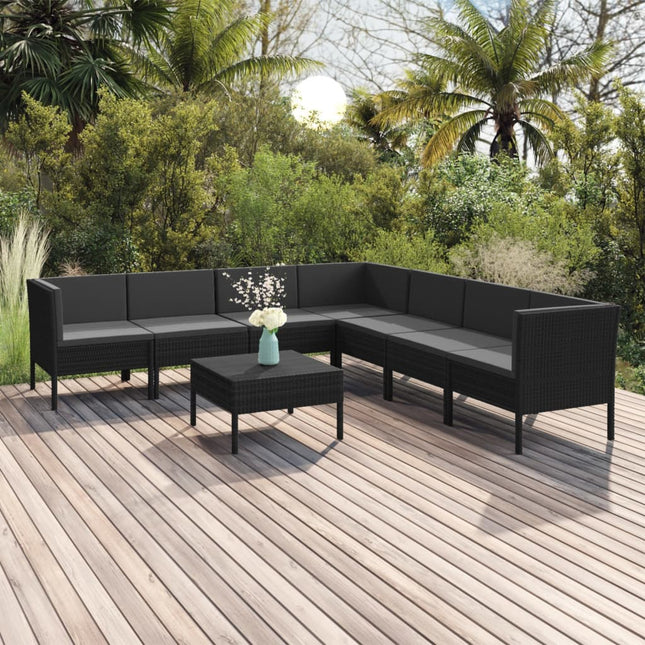 8-Delige Loungeset Met Kussens Poly Rattan Zwart 3x hoek + 4x midden + Tafel