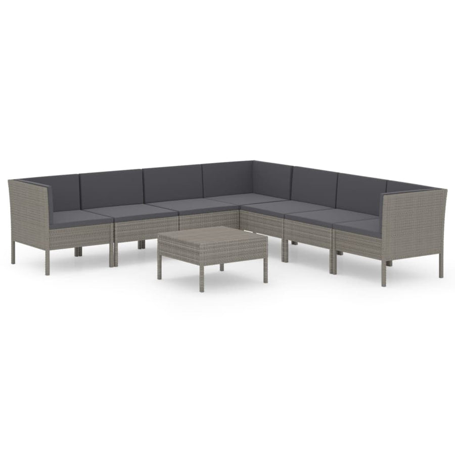 8-Delige Loungeset Met Kussens Poly Rattan Grijs 3x hoek + 4x midden + Tafel