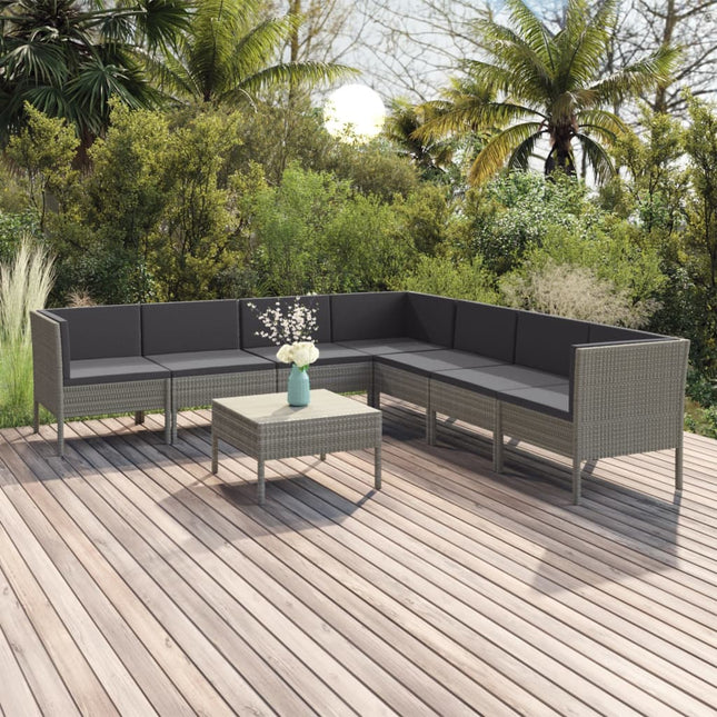 8-Delige Loungeset Met Kussens Poly Rattan Grijs 3x hoek + 4x midden + Tafel