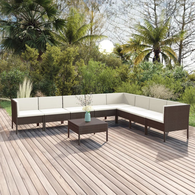 9-Delige Loungeset Met Kussens Poly Rattan Bruin 3x hoek + 5x midden + Tafel