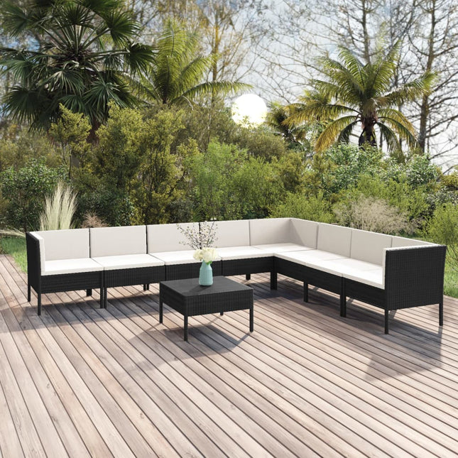 9-Delige Loungeset Met Kussens Poly Rattan Zwart 3x hoek + 5x midden + Tafel