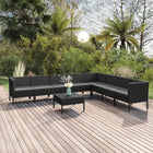 9-Delige Loungeset Met Kussens Poly Rattan Zwart 3x hoek + 5x midden + Tafel