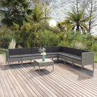 9-Delige Loungeset Met Kussens Poly Rattan Grijs 3x hoek + 5x midden + Tafel