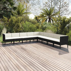 9-Delige Loungeset Met Kussens Poly Rattan Zwart 3x hoek + 6x midden (L-vormig)