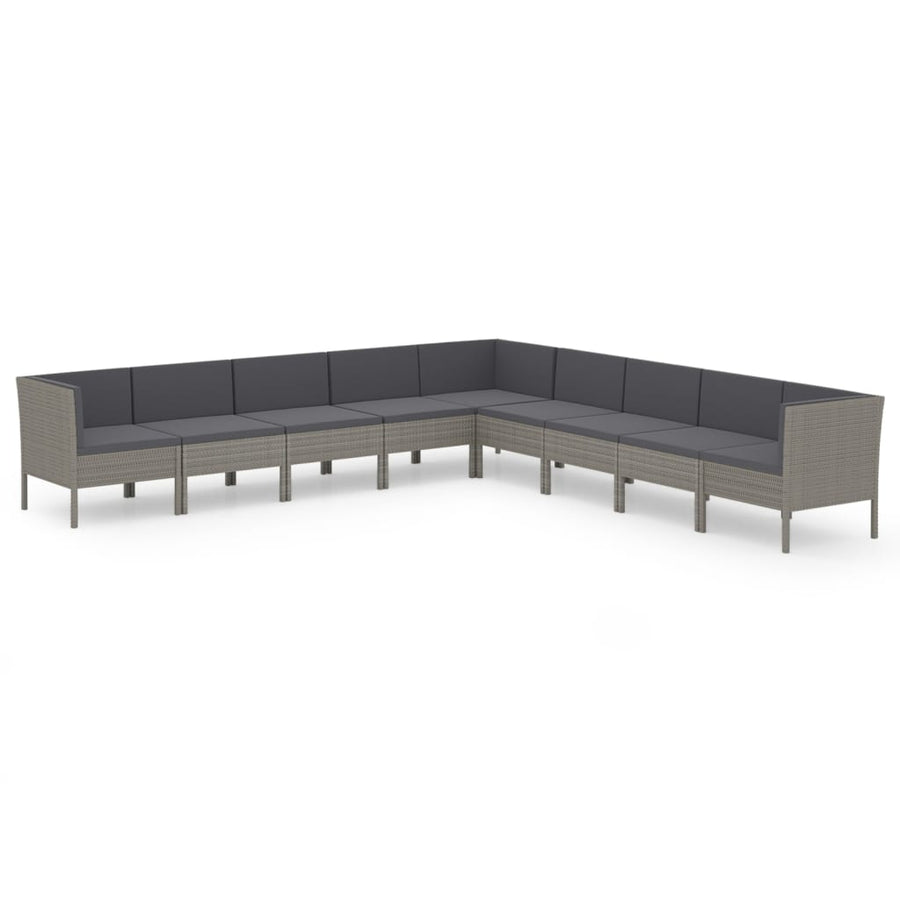 9-Delige Loungeset Met Kussens Poly Rattan Grijs 3x hoek + 6x midden (L-vormig)