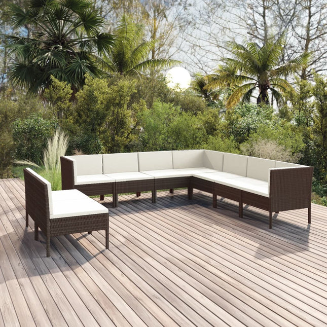 9-Delige Loungeset Met Kussens Poly Rattan Bruin 6x midden + 3x hoek