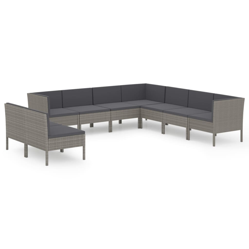 9-Delige Loungeset Met Kussens Poly Rattan Grijs 6x midden + 3x hoek