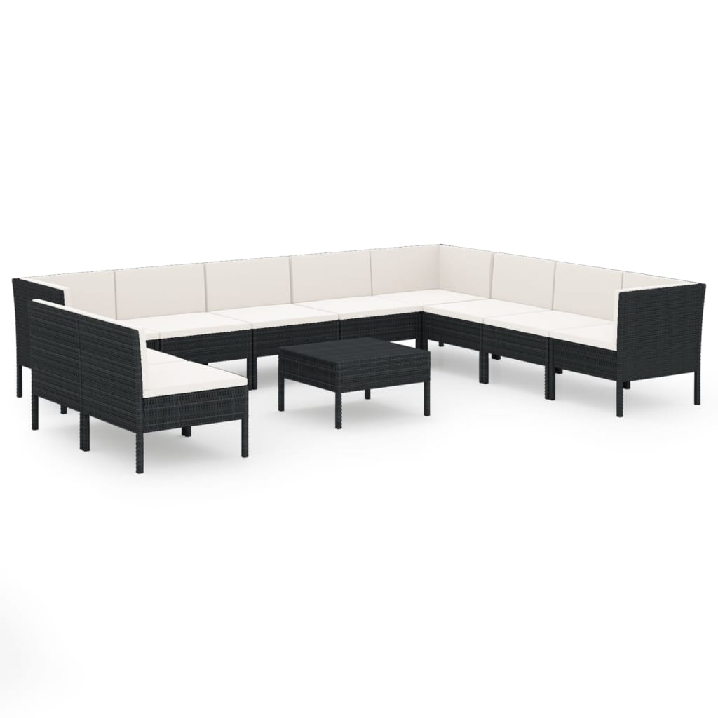 11-delige Loungeset met kussens poly rattan zwart