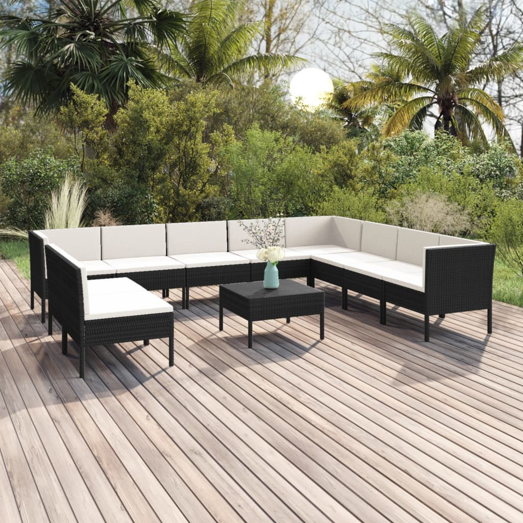 11-delige Loungeset met kussens poly rattan zwart