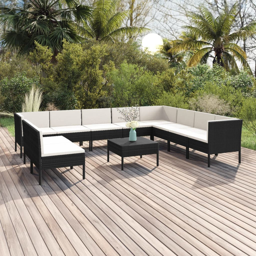 11-delige Loungeset met kussens poly rattan zwart