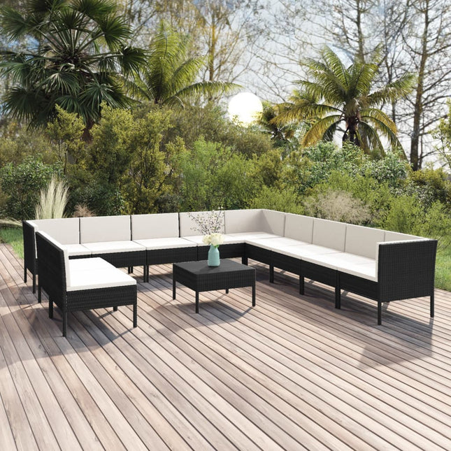 2-Delige Loungeset Met Kussens Poly Rattan Zwart 3x hoek + 8x midden + Tafel