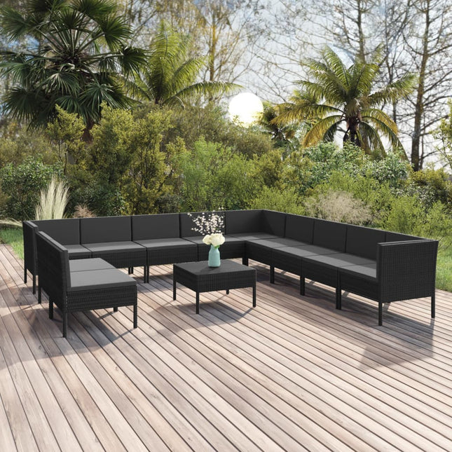 2-Delige Loungeset Met Kussens Poly Rattan Zwart 3x hoek + 8x midden + Tafel