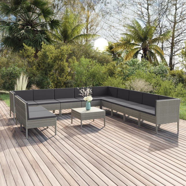 2-Delige Loungeset Met Kussens Poly Rattan Grijs 3x hoek + 8x midden + Tafel