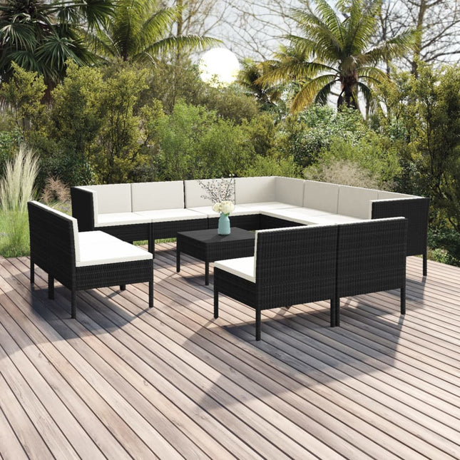 2-Delige Loungeset Met Kussens Poly Rattan Zwart 8x midden + 3x hoek + Tafel