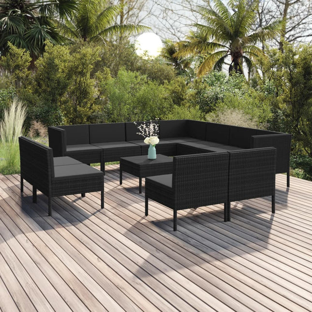 2-Delige Loungeset Met Kussens Poly Rattan Zwart 8x midden + 3x hoek + Tafel