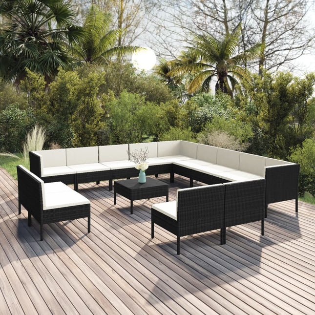 4-Delige Loungeset Met Kussens Poly Rattan Zwart 3x hoek + 10x midden + Tafel