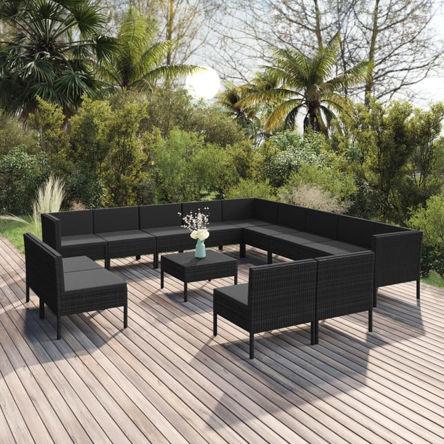 4-Delige Loungeset Met Kussens Poly Rattan Zwart 3x hoek + 10x midden + Tafel