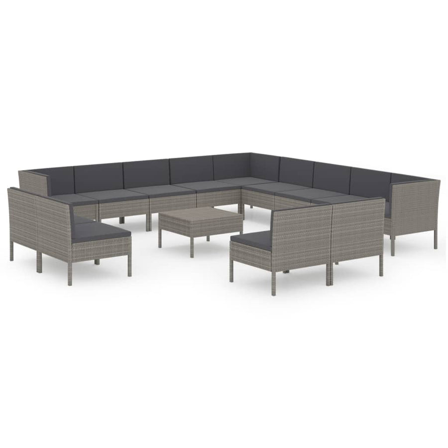4-Delige Loungeset Met Kussens Poly Rattan Grijs 3x hoek + 10x midden + Tafel