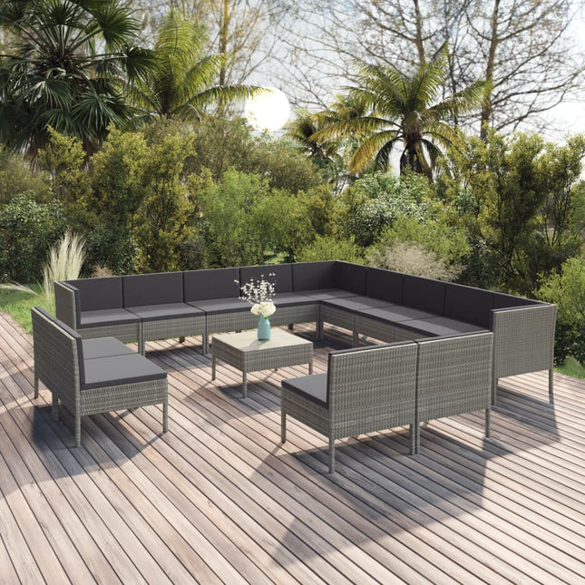 4-Delige Loungeset Met Kussens Poly Rattan Grijs 3x hoek + 10x midden + Tafel