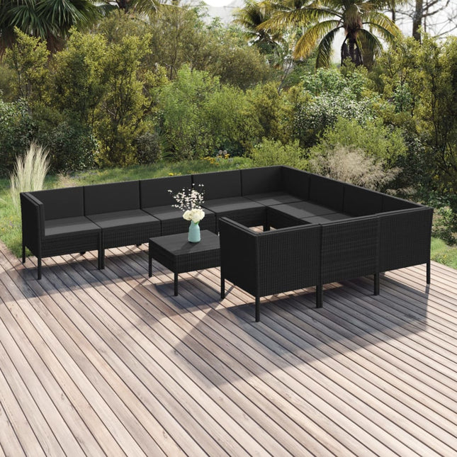 -Delige Loungeset Met Kussens Poly Rattan Zwart 4x hoek + 6x midden + Tafel